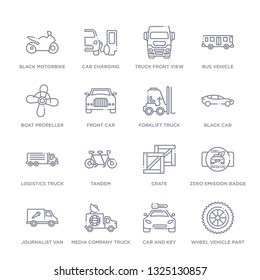 set of 16 thin linear icons such as wheel vehicle part, car and key, media company truck with satellite, journalist van, zero emission badge, crate, tandem from transport collection on white