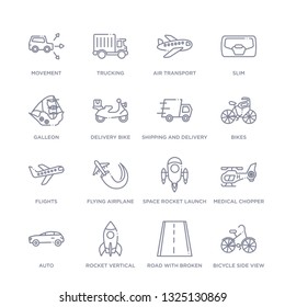 set of 16 thin linear icons such as bicycle side view, road with broken lines, rocket vertical position, auto, medical chopper transport, space rocket launch, flying airplane from transport