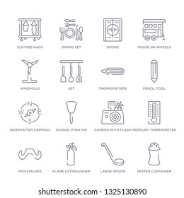 set of 16 thin linear icons such as pepper container, large spoon, flame extinguisher, moustaches, mercury thermometer degrees, camera with flash, school push pin from tools and utensils collection