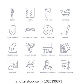 set of 16 thin linear icons such as telephone agenda, modern telephone, penknife, postage, chocolate box, packing machine, rubber bands from tools and utensils collection on white background,