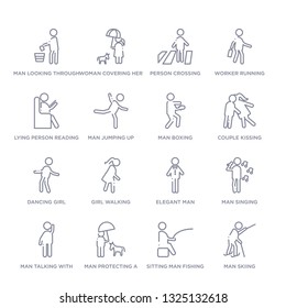 set of 16 thin linear icons such as man skiing, sitting man fishing, man protecting a dog with an umbrella, talking with phone, singing, elegant man, girl walking from people collection on white