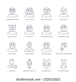 set of 16 thin linear icons such as women dress, women suit, protective suit, recruit, witch flying broom, happy smile, baby smile from people collection on white background, outline sign icons or