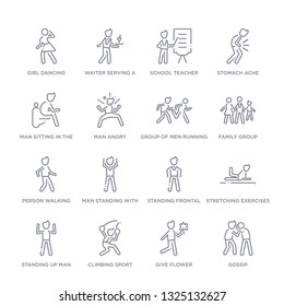 set of 16 thin linear icons such as gossip, give flower, climbing sport, standing up man, stretching exercises, standing frontal man, man standing with arms up from people collection on white