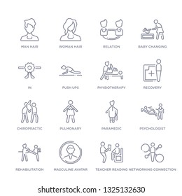 set of 16 thin linear icons such as networking connection, teacher reading, masculine avatar, rehabilitation, psychologist, paramedic, pulmonary from people collection on white background, outline