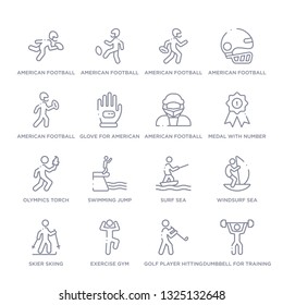 set of 16 thin linear icons such as dumbbell for training, golf player hitting, exercise gym, skier skiing, windsurf sea, surf sea, swimming jump from sports collection on white background, outline