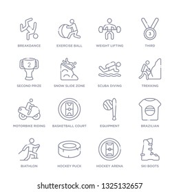 set of 16 thin linear icons such as ski boots, hockey arena, hockey puck, biathlon, brazilian, equipment, basketball court from sports collection on white background, outline sign icons or symbols