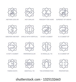 set of 16 thin linear icons such as proportion, the intersection of, identical to, there exists, is a subset of, is parallel to, perpendicular from signs collection on white background, outline sign