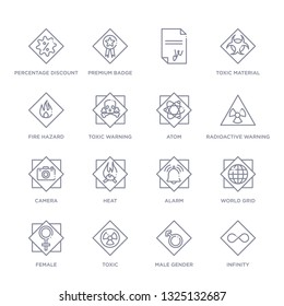set of 16 thin linear icons such as infinity, male gender, toxic, female, world grid, alarm, heat from signs collection on white background, outline sign icons or symbols