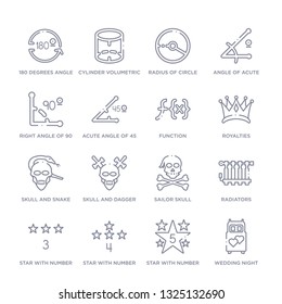 set of 16 thin linear icons such as wedding night, star with number five, star with number four, star with number three, radiators, sailor skull, skull and dagger from shapes collection on white