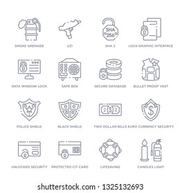 set of 16 thin linear icons such as candles light, lifesaving, protected cit card, unlocked security of cit transaction, euro currency security shield, two dollar bills, black shield from security