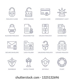 set of 16 thin linear icons such as float, keyhole, watch tower, rhomboid, locked padlock, unlocked padlock, lock folder from security collection on white background, outline sign icons or symbols