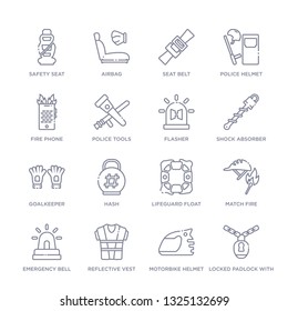 set of 16 thin linear icons such as locked padlock with chain, motorbike helmet, reflective vest, emergency bell, match fire, lifeguard float, hash from security collection on white background,