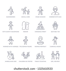set of 16 thin linear icons such as girl and boy, public fountain, children on teeter totter, wheelchair side view, carnival masks, woman portrait, policeman figure from people collection on white 
