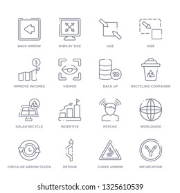 set of 16 thin linear icons such as bifurcation, curve arrow, detour, circular arrow clock, worldgrid, psychic, incentive from user interface collection on white background, outline sign icons or