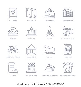 set of 16 thin linear icons such as student backpack, egyptian pyramids,  claim, passport, venice, tent from travel collection on white background, outline sign icons or symbols