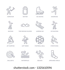 set of 16 thin linear icons such as sprained ankle, squash, waterpolo, bullseye, stretching, football ball, left bend from sports collection on white background, outline sign icons or symbols