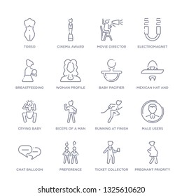 set of 16 thin linear icons such as pregnant priority, ticket collector, preference, chat balloon, male users, running at finish line, biceps of a man from people collection on white background,