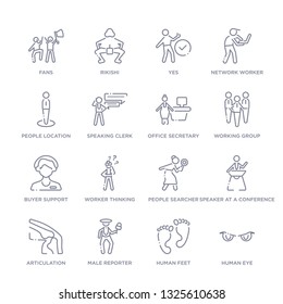 set of 16 thin linear icons such as human eye, human feet, male reporter, articulation, speaker at a conference, people searcher, worker thinking from people collection on white background, outline