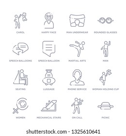 set of 16 thin linear icons such as picnic, on call, mechanical stairs, women, woman holding cup, phone service, luggage from people collection on white background, outline sign icons or symbols