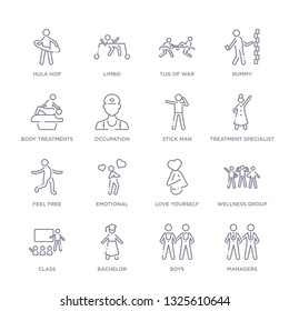 set of 16 thin linear icons such as managers, boys, bachelor, class, wellness group, love yourself, emotional from people collection on white background, outline sign icons or symbols