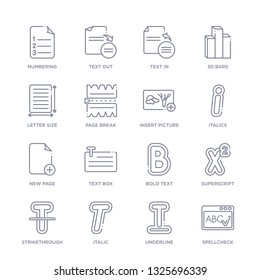 set of 16 thin linear icons such as spellcheck, underline, italic, strikethrough, superscript, bold text, text box from user interface collection on white background, outline sign icons or symbols