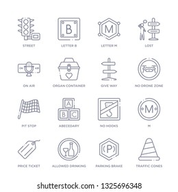 set of 16 thin linear icons such as traffic cones, parking brake, allowed drinking, price ticket, m, no hooks, abecedary from signaling collection on white background, outline sign icons or symbols
