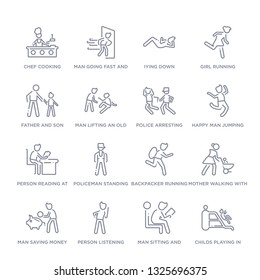 set of 16 thin linear icons such as childs playing in playgrpound, man sitting and reading book, person listening, man saving money, mother walking with baby stroller, backpacker running, policeman