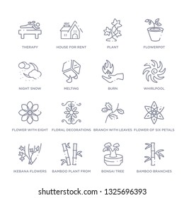 set of 16 thin linear icons such as bamboo branches, bonsai tree, bamboo plant from japan, ikebana flowers, flower of six petals from japan, branch with leaves, floral decorations from nature