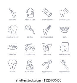 set of 16 thin linear icons such as toothbrushes, tooth pliers, male nurse, plaque, dental floss, mint gum, clean tooth from dentist collection on white background, outline sign icons or symbols