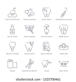 set of 16 thin linear icons such as fake tooth, filler, forceps of dentist tools, gauze, headlamp, health report, holed tooth from dentist collection on white background, outline sign icons