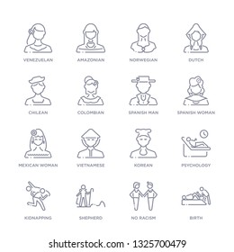 set of 16 thin linear icons such as birth, no racism, shepherd, kidnapping, psychology, korean, vietnamese from people collection on white background, outline sign icons or symbols