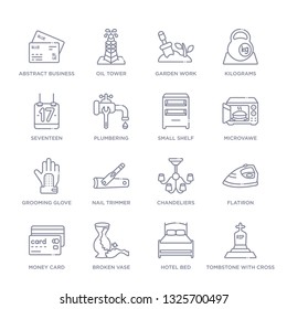 Set Of 16 Thin Linear Icons Such As Tombstone With Cross, Hotel Bed, Broken Vase, Money Card, Flatiron, Chandeliers, Nail Trimmer From Other Collection On White Background, Outline Sign Icons Or