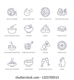 set of 16 thin linear icons such as cider, champagne glass, sour soup, kung pao chicken, moon cake, zongzi, buddhas delight from food and restaurant collection on white background, outline sign