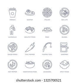 set of 16 thin linear icons such as spicy food, sausages, vegetarian food, hot pepper, sardines, fishing tool, chili pepper from food collection on white background, outline sign icons or symbols