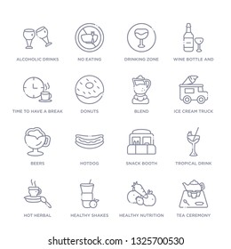 set of 16 thin linear icons such as tea ceremony, healthy nutrition, healthy shakes, hot herbal, tropical drink, snack booth, hotdog from food collection on white background, outline sign icons