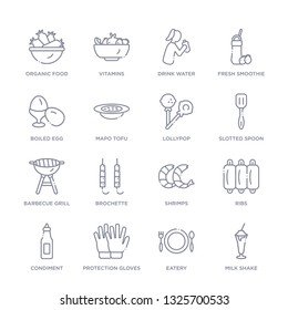 set of 16 thin linear icons such as milk shake, eatery, protection gloves, condiment, ribs, shrimps, brochette from food collection on white background, outline sign icons or symbols