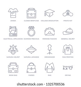 set of 16 thin linear icons such as drying, rag, purses, book bag, man printing, dressmaker, samurai japanese hat from fashion collection on white background, outline sign icons or symbols