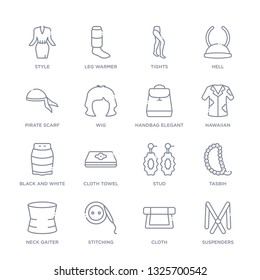 set of 16 thin linear icons such as suspenders, cloth, stitching, neck gaiter, tasbih, stud, cloth towel from fashion collection on white background, outline sign icons or symbols