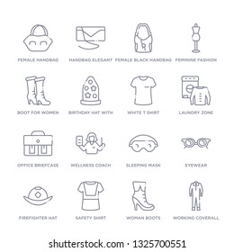 Set Of 16 Thin Linear Icons Such As Working Coverall, Woman Boots, Safety Shirt, Firefighter Hat, Eyewear, Sleeping Mask, Wellness Coach From Fashion Collection On White Background, Outline Sign