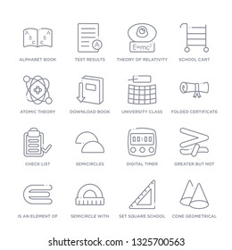 set of 16 thin linear icons such as cone geometrical, set square school tool, semicircle with ruler, is an element of, greater but not equivalent, digital timer, semicircles from education