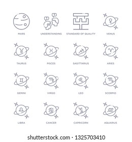 set of 16 thin linear icons such as aquarius, capricorn, cancer, libra, scorpio, leo, virgo from zodiac collection on white background, outline sign icons or symbols