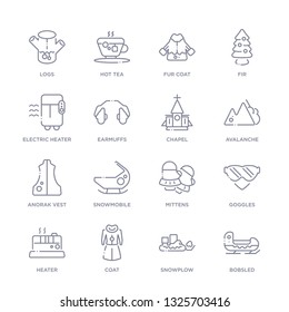 set of 16 thin linear icons such as bobsled, snowplow, coat, heater, goggles, mittens, snowmobile from winter collection on white background, outline sign icons or symbols