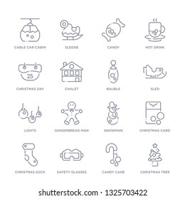 set of 16 thin linear icons such as christmas tree, candy cane, safety glasses, christmas sock, christmas card, snowman, gingerbread man from winter collection on white background, outline sign