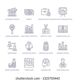 set of 16 thin linear icons such as chief executive officer, information, maze game, money investment, business graph, one dollar coins, converting ideas in money from business collection on white