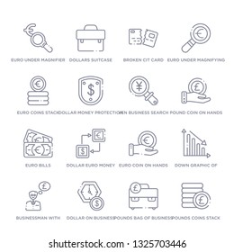 set of 16 thin linear icons such as pounds coins stack, pounds bag of business, dollar on business time, businessman with pounds message in a speech bubble, down graphic of business stats, euro coin