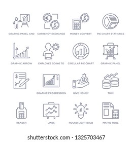 set of 16 thin linear icons such as maths tool, round light bulb, lines, reader, thin, give money, graphic progression from business collection on white background, outline sign icons or symbols