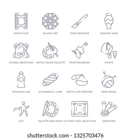 set of 16 thin linear icons such as swatches, cutting tool selection, palette and paint brush, act, yarn spool, bottle of perfume, cylindrical lamp from art collection on white background, outline