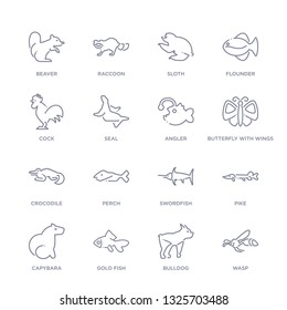 set of 16 thin linear icons such as wasp, bulldog, gold fish, capybara, pike, swordfish, perch from animals collection on white background, outline sign icons or symbols