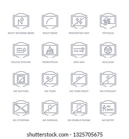 set of 16 thin linear icons such as no entry, no mobile phone, no parking, stopping, straight, turn right, turn from traffic signs collection on white background, outline sign icons or symbols