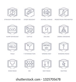 set of 16 thin linear icons such as waiting, way road, wc, wide road, winding road, wrong way, y intersection from traffic signs collection on white background, outline sign icons or symbols